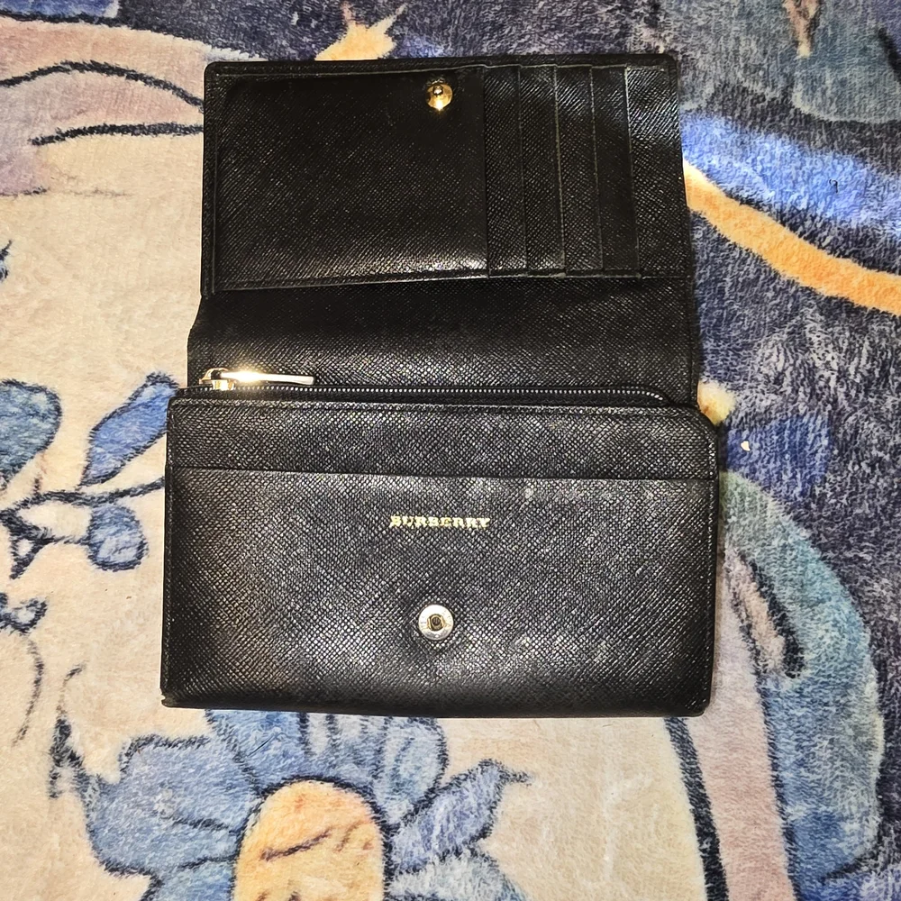 Burberry Black Leather Fold Wallet with Silver Accent